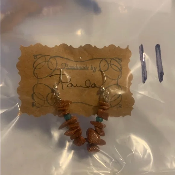 Handmade Goldstone Natural Stone w/ Turquoise Glass Bead Earrings - Picture 5 of 5